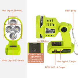 GRVODFRTA Cordless LED Work Light for Ryobi One 18V Battery 1120LM LED Outdoor Spotlight Flashlight with Red&White 4 Modes, Pivoting Head for Jobsite, Handheld Spot Light for Outdoor(No Battery)