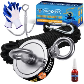 VNDUEEY Magnet Fishing Kit, Fishing Magnets 760 LBS Pulling-Includes Grappling Hook, Heavy Duty 65FT Rope, Gloves & Locking Carabiner - 2.36inch Diameter