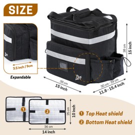GNEGNI LIFE Food Delivery Backpack 37L Insulated Pizza Carrier Bag with Reflective Stripes Expandable Functionality Food Delivery Bag for Takeaway Cold and Hot Food, Pizza, Restaurant, Uber Eats Black