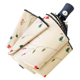 Cuby - Paraguas de viaje compacto plegable para apertura y cierre automático para resistente al viento, a la lluvia y al 99.9% protección solar UV con revestimiento negro anti-UV (flores)