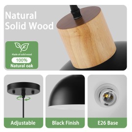 QianZhan Solid Wood Pendant Light 3 Pack, Modern Matte Black Pendant Lights Fixtures Adjustable Dome Hanging Lighting,for Kitchen Island Dining Room Restaurant Office Farmhouse