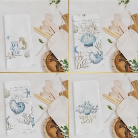 Geqtt Bluey Coastal Dish Towels Set - Coastal Seashell Waffle Weave Kitchen Towels, Bluey Ocean Themed Hand Tea Towels, Preppy Bluey Seashell Coastal Bathroom Decor (16×24 Inches Set of 4)