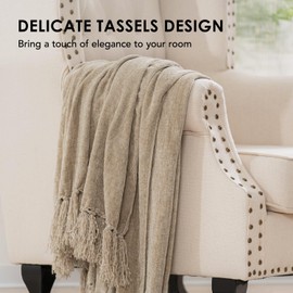 EVERGRACE Soft Chenille Throw Blanket for Couch, Cozy Plush Fuzzy Decorative Chenille Knit Throw Blanket with Tassels, Lightweight Blanket and Throws for Bed Sofa Gift Home Decor, Beige 50"x60"