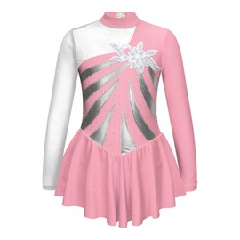 TSSOE Kids Girls Long Sleeve Sequins Printing Ice Roller Figure Skating Dress Illusion Ballet Dancewear D04 8 Years