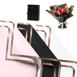 Xinjieda 21 Sheets Flower Wrapping Paper, Black White Pink flower Bouquet Wrapping Paper Gold Edge, 22.8x22.8 Inch Waterproof Floral Wrapping Paper for Wedding Birthday Anniversary Party Gift Wrap DIY