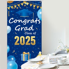 Congrats Grad Class of 2025 Banner Backdrop Blue Theme Graduation Door Decor for University High School Pre-k Student Graduation Party Celebration Decoration Supplies 35.4x72.8in-BECKTEN