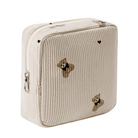 Cute Small Corduroy Zipper Makeup Bag, Mini Coquette Aesthetic Pouch with Bear Pattern for for Purse,Key Pocket Lipstick Bag Card Holder Data Cable Organizer for Women Girls (04Light Taup)