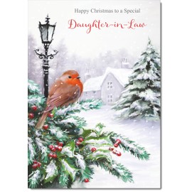 doodlecards Daughter in Law Christmas Card Robin by Lamp Large A4 Size Christmas Card for Daughter in Law with Plain Envelope