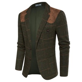 Men's Blazer Herringbone Tweed Sport Coats Two Button Wool Blend Formal Jacket Dark Green