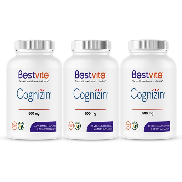 Bestvite Cognizin Citicoline 500mg (180 Vegetarian Capsules)(3-Pack) - Clinically Studied Form of Citicoline - No Stearates - Vegan - Non GMO - Gluten Free