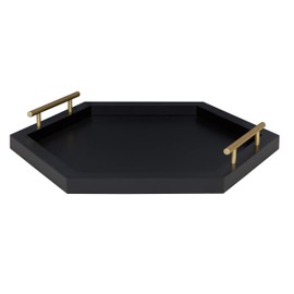 Kate and Laurel Halsey Hexagon Decorative Wood Tray with Polished Metal Handles Black