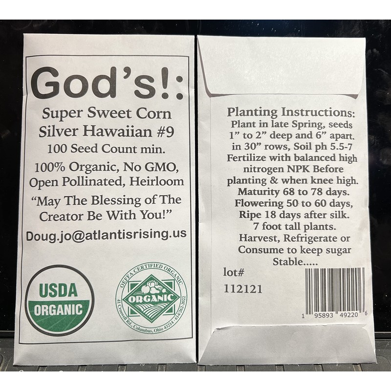 USDA, Organic, Silver, Hawaiian #9, Super, Sweet Corn, Heirloom, Open