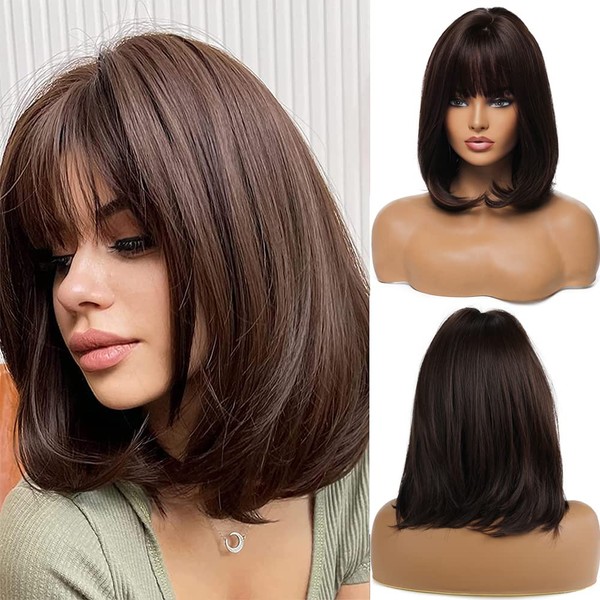 Esmee 14 Inches Short Dark Brown Wig with Bangs Slightly Curly Hair Ends Natural Synthetic Hair Straight Wigs for Women Daily Party Cosplay Wear