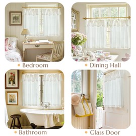 jinchan Linen Tier Curtains with Attached Valance for Kitchen Windows 24 Inch Length Farmhouse Cafe Curtains for Small Windows Light Filtering Rustic Short Drapes for Bathroom Laundry 2 Panels White