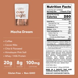 Oats Overnight - Mocha Dream - 20g Protein, High Fiber Breakfast Shake 100mg Caffeine - Gluten Free, Non GMO Oatmeal (2.7 oz per meal) (8 Pack + Shaker Bottle)