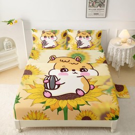QOOMO Kawaii Hamster Bedding for Boys and Girls Sunflower Kids Sheets Set Cute Animals Super Soft Kids Bedding Set Twin Size 1 Fitted Sheet, 1 Flat Sheet, 2 Pillow Cases Breathable Room Decoration