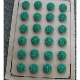 Card of 24 ~ 1/2" Flat Green Pinwheel Dot Glass Buttons~Pre WWII~new/old stock