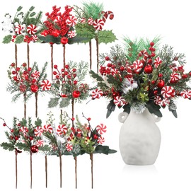 Solsew 16 Pcs Christmas Pine Cones Picks Artificial Berries Sprays Branches Faux Greenery Floral Stems Snowy Holly Pine Needles for Xmas Tree Wreath Garland Craft Decor(Candy Style)