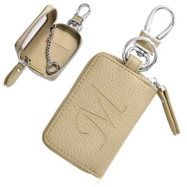 YooFa Women's Smart Key Case with Clear Window, Car Key Cover, Initial, Embossed Leather, Key Holder, Stylish, Cute, Carabiner Included