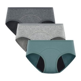 POPKOK Period Underwear Womens Cotton Hipster Postpartum Menstruation Panties 3 Pack(Large, Dark Grey/Light Grey/Pine Green)