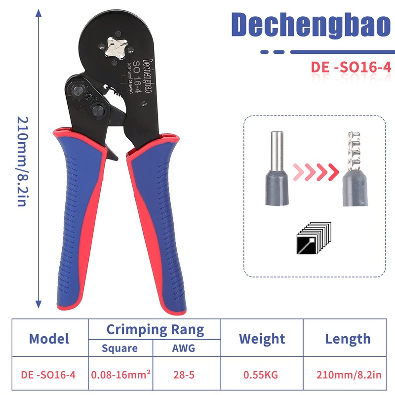 Ferrules Crimping Tool, Square Jaw Wire Crimping Tool (0.08-16mm²), Ferrule