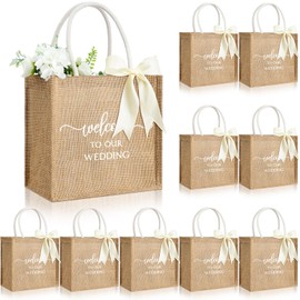 Locmeo 10 Pack Wedding Burlap Bags Welcome To Our Wedding Jute Tote Bags with Handles and Satin Ribbon for Guests Bridesmaid Gift Bridal Shower Party Favor Supplies