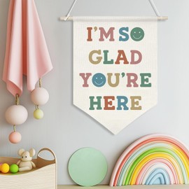 I'm So Glad You're Here Wall Banner – Colorful Welcome Canvas Hanging Poster for Classroom, Nursery,Playroom,Therapy Office or Home, Positive Affirmation Linen Poster with Wood Hanger (11x16 inch)(KD01)