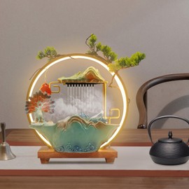 Tabletop Water Fountains, Indoor Water Fall with LED Light Zen Decor for Meditation with Mist, Japanese Decor with Fake Plants Feng Shui Decor for Good Luck Wealth