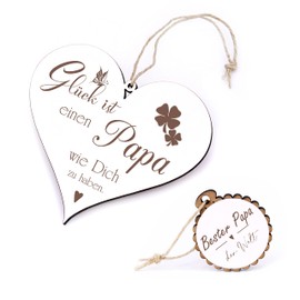 Papa Wooden Decorative Heart - Glück ist einen Papa wie dich zu haben + Pendant Bester Papa der Welt - Vater Papi Dads Christmas Birthday Father's Day Vintage Wooden Sign Wooden Hearts