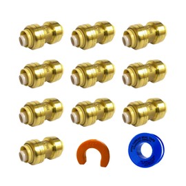1/2" Push Fit Coupling Connection Fittings - Brass Plumbing Connectors for PEX, Copper, PVC Tubes & Pipes, Quick Connect, Bite Adapter, Slip Reducer, Valve Tool, Water Line Saver, Expansion - 10 Pack