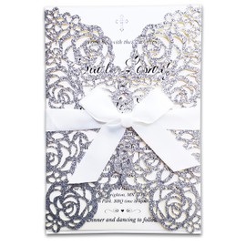 FASTERCY 50PCS 5“x 7.28” Wedding Invitations Cards BLANK Laser Cut Rose Flowers with Ivory Ribbon and Envelopes for Qinceanera Engagement Birthday Bridal Shower Party Card (Silver Glitter)