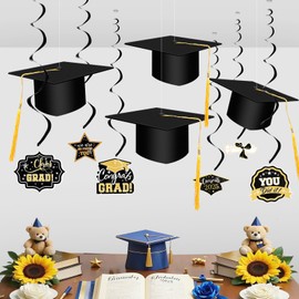 Tryly 10pcs Hanging Graduation Caps Decorations Kits, 4 Class of 2025 Black with Gold Tassel Floating Graduation Hats, 6 Hanging Swirls Congrats Grad Banner for School Home Classroom Party Supplies