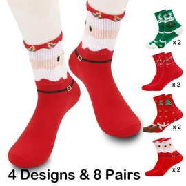 Seilvda Christmas Socks Bulk, 8-Pair Warm Soft Cotton Socks for Women Teenagers, Christmas Winter Party Gift, Xmas Warm Socks in Winter on Xmas Holiday New Year, 4 Designs