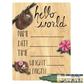 Cohas Hello World Newborn Baby Announcement Printed Wood Sign with Pink Sloth Theme, 5 by 7 Inches, Green Marker