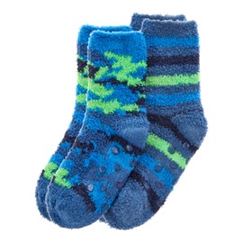 Boys 2 Pairs Fluffy Snuggle Socks Cosy Bed Socks Non Slip Camo Striped Designs Blue 12.5-3.5