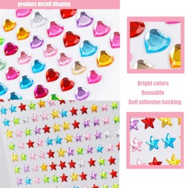 1024PCS Face Hair Gems Self Adhesive Rhinestones for Makeup Eyes Nails Crafting 15 Colors Heart Star Circle Jewels Bling DIY