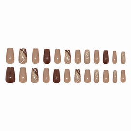 MISUD Fall Press on Nails Coffin Medium Fake Nails Glossy Glue on Nails Brown Plaid Acrylic Nail Supplies Ballerina Artificial Nail Art Bling Glitter Stick on False Nails with Design DIY 24 pcs