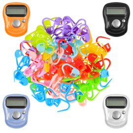 Kingdder 4 Pcs Stitch Counters LCD Finger Digital Row Counter with 100 Pcs Crochet Stitch Marker for Crocheting and Knitting Sewing Weaving, Resettable Finger Counter for Crochet, Knitting, Score, Lap
