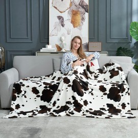Cozy Bliss Cow Print Throw Blanket Non Shedding MilkyPlush™ Fleece 330GSM Thick Blankets Western Room Decor Super Soft Warm for Adults Kids Girl Gifts Bedroom Couch Sofa Travel Black Brown 40"x50"
