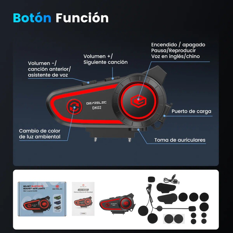 Gearelec Dk02 Audífonos Para Casco De Motos 2800mAh Bluetooth5.2 Impermeables