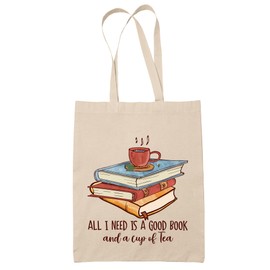 Faithful Prints All I Need Is A Good Book And A Cup Of Tea Tote Bag | 100% Cotton Shopping Bag for Book Lovers | Christmas, Birthday Present | One Size Natural