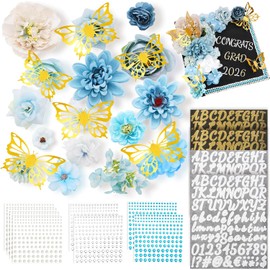 JarThenaAMCS - Kit de decoración de manualidades, 15 piezas de flores de imitación con pegatinas de mariposa 3D con purpurina y letras del alfabeto, diamantes de imitación adhesivos para decoración de