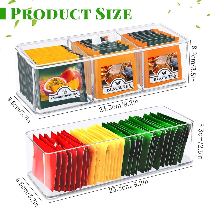 2pcs Tea Bag Storage Box, Acrylic Tea Organiser with Lid