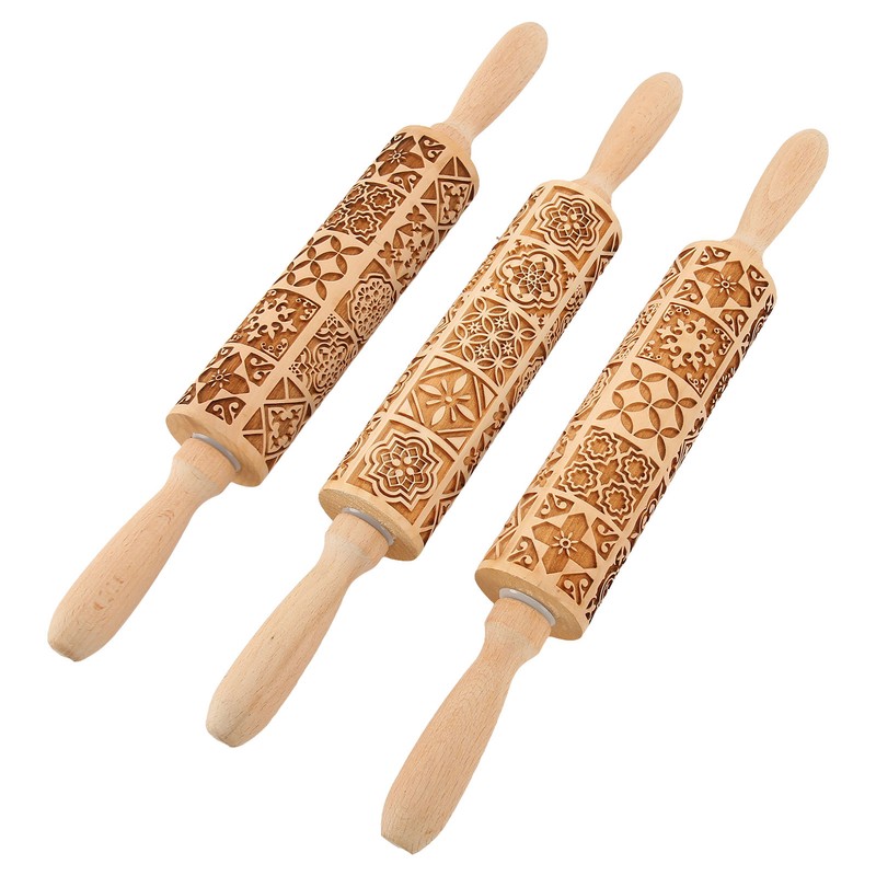 3pcs Wooden Embossed Rolling Pin Engraved Embossing Dough Roller for