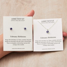 Philip Jones Sterling Silver February (Amethyst) Birthstone Necklace & Earrings Set Created with Zircondia® Crystals