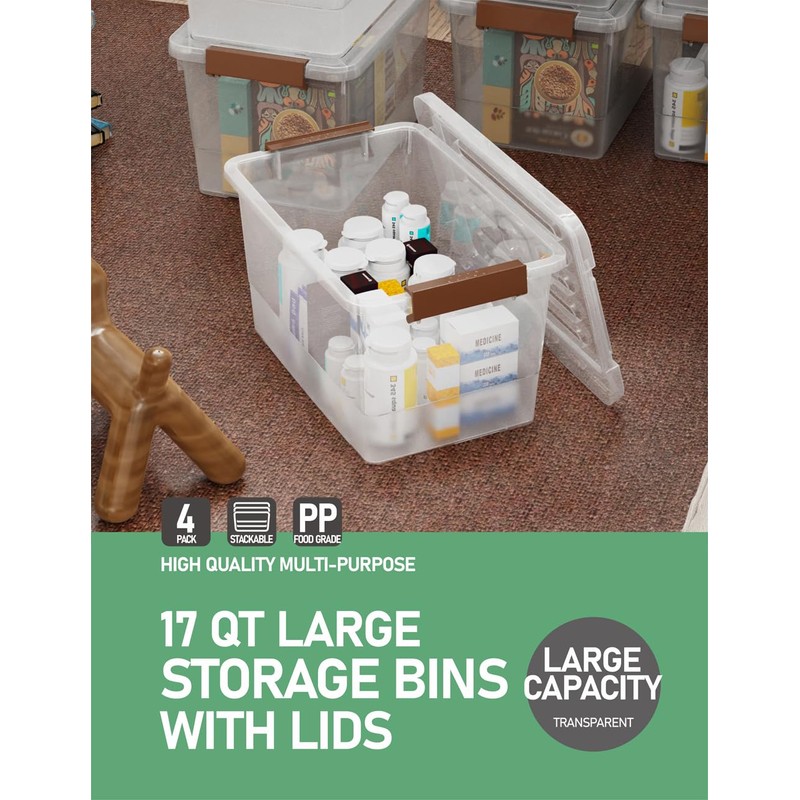 WYT 4 Pack 17qt Clear Plastic Storage Bin with Lid