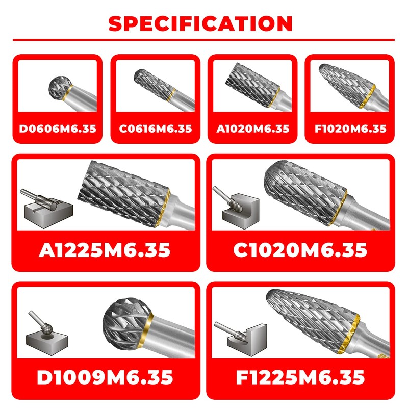 Tungsten Carbide Burr Set 1/4" Shank 8PC Double Cut Rotary
