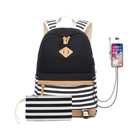 MOTOLIMO Canvas Backpack School Bags for Teenager Girls College Laptop Student Rucksack with Pencil case, Striped Casual Daypacks with USB Charging Port (Black-Strips) One Size