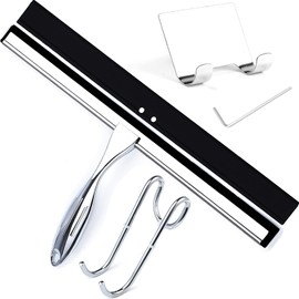 Shower Squeegee for Glass Doors, 14 Inches Bathroom Squeegee with Spare Silicone Blade, Shower Door Hook and Adhesive Hook, Stainless Steel Bathroom Squeegee for Mirror Window Kitchen (Silver-1 Pack)