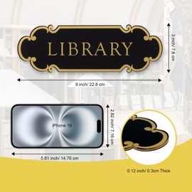 9x3 Inch Library Sign Acrylic Self-Adhesive Door Wall Signage for Office House School Home（Black & Gold）